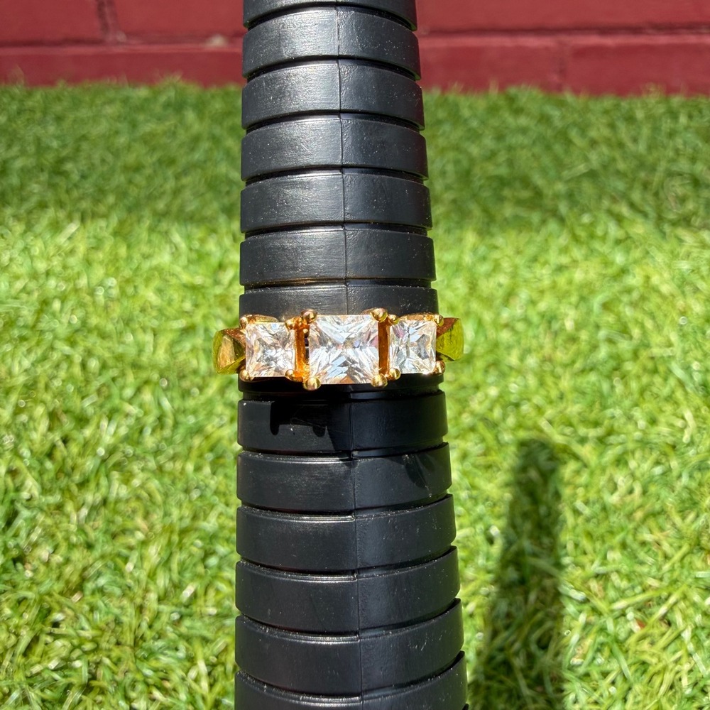 Gold Tone Three Stone Princess Cut CZ Statement Ring Size 10 US